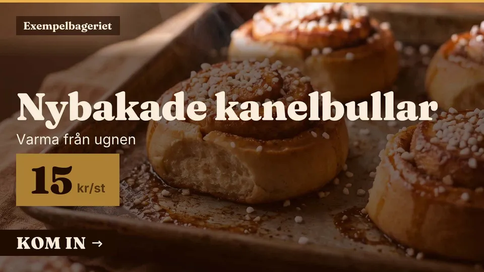 Skärmen visar en skylt om kanelbullar över hela ytan.