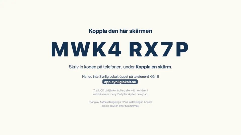 Skärmen visar Koppla den här skärmen och en kod med bokstäver och siffror.