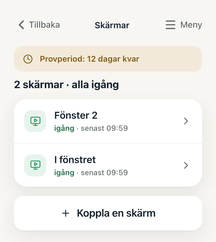Skärmar i appen. Överst står hur många skärmar som är igång, under det skärmarnas namn.