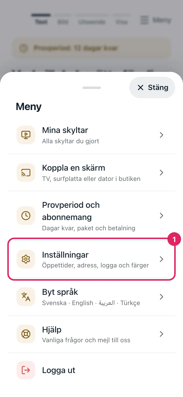 Menyn i appen. Raden Inställningar är markerad.
