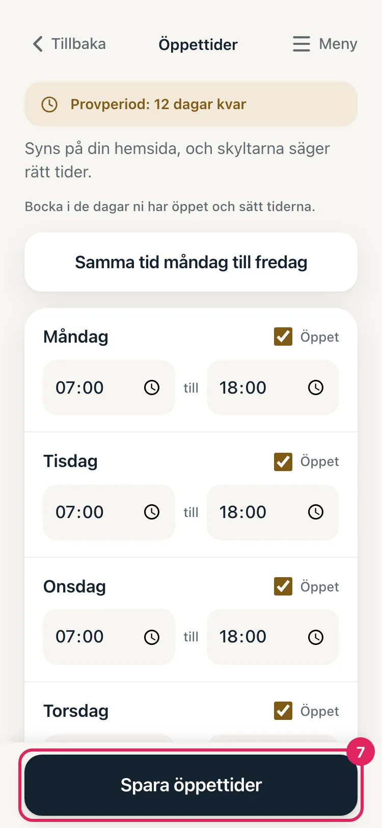 Knappen Spara öppettider längst ner är markerad.