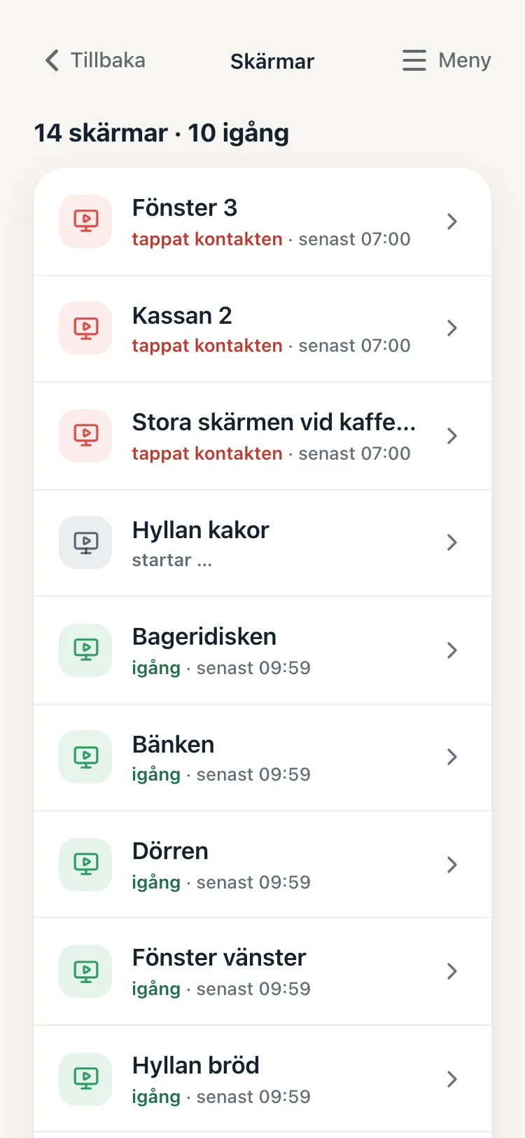 Skärmar i appen. Skärmen står i listan med sitt nya namn.