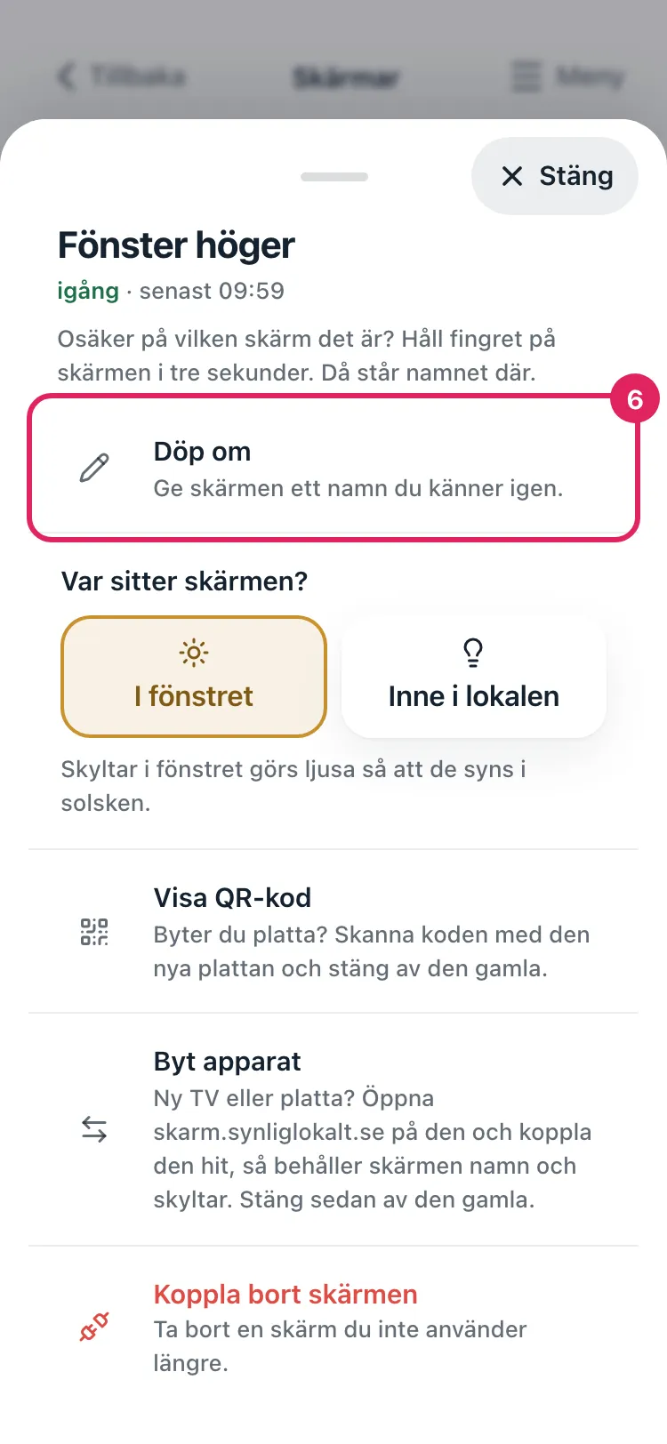 Skärmen öppen i appen. Raden Döp om är markerad.