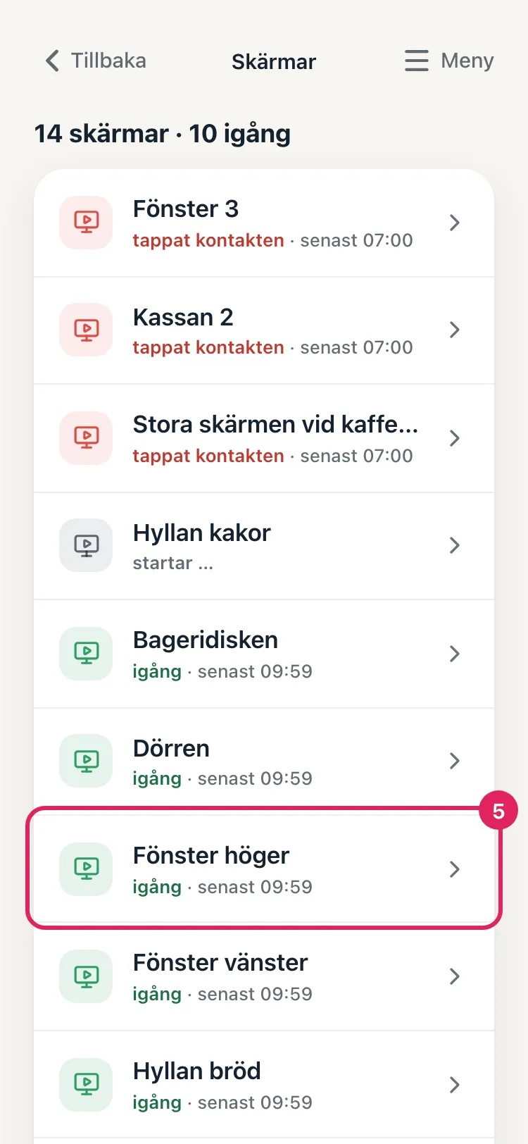 Skärmar i appen. Raden med en skärms namn är markerad.
