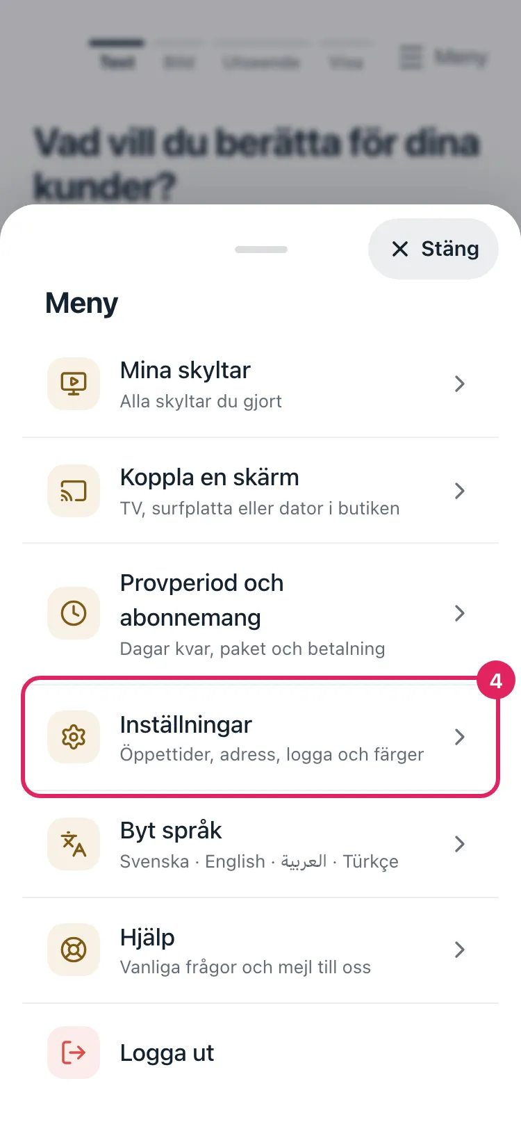 Menyn i appen. Raden Inställningar är markerad.