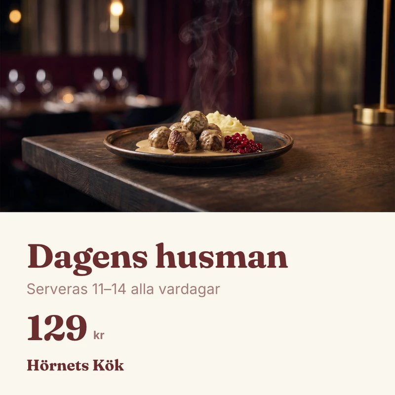 Inlägg för Hörnets Kök i kvadratiskt format med foto på köttbullar med potatismos och priset 129 kr